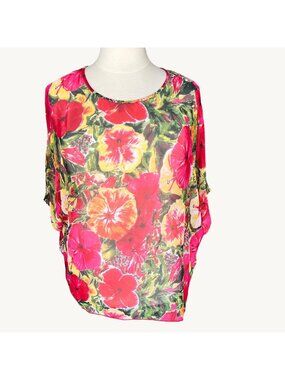 Kai Resortwear Size M Red Yellow Pink Green Floral Sheer Mesh Swim Coverup Top